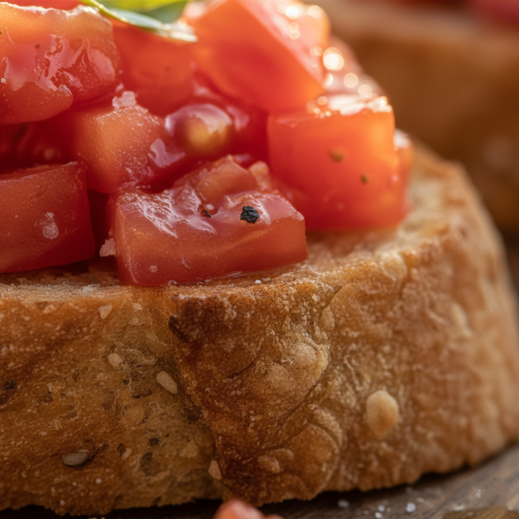 Close up macro shot of olive oil glistening on diced tomatoes and toasted bread