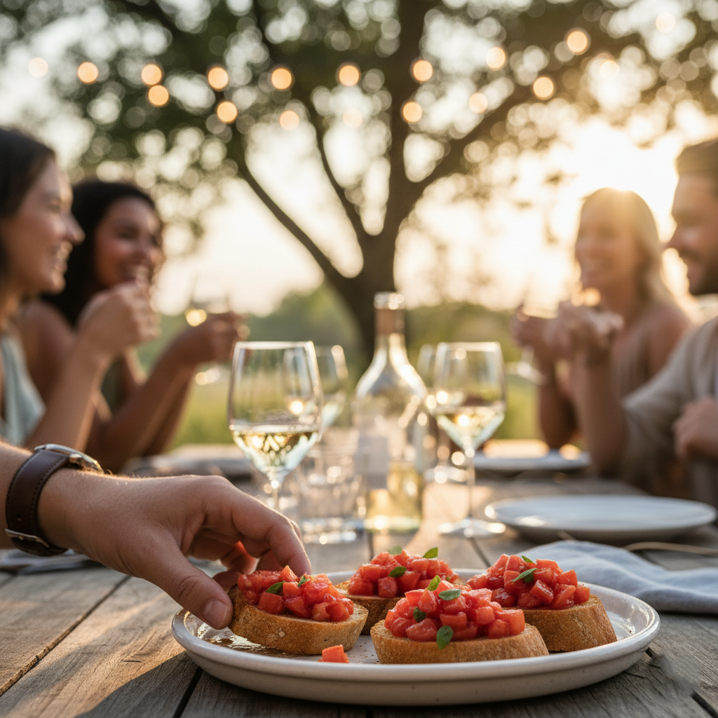 Friends gathered around a table outdoors reaching for food on a platter
