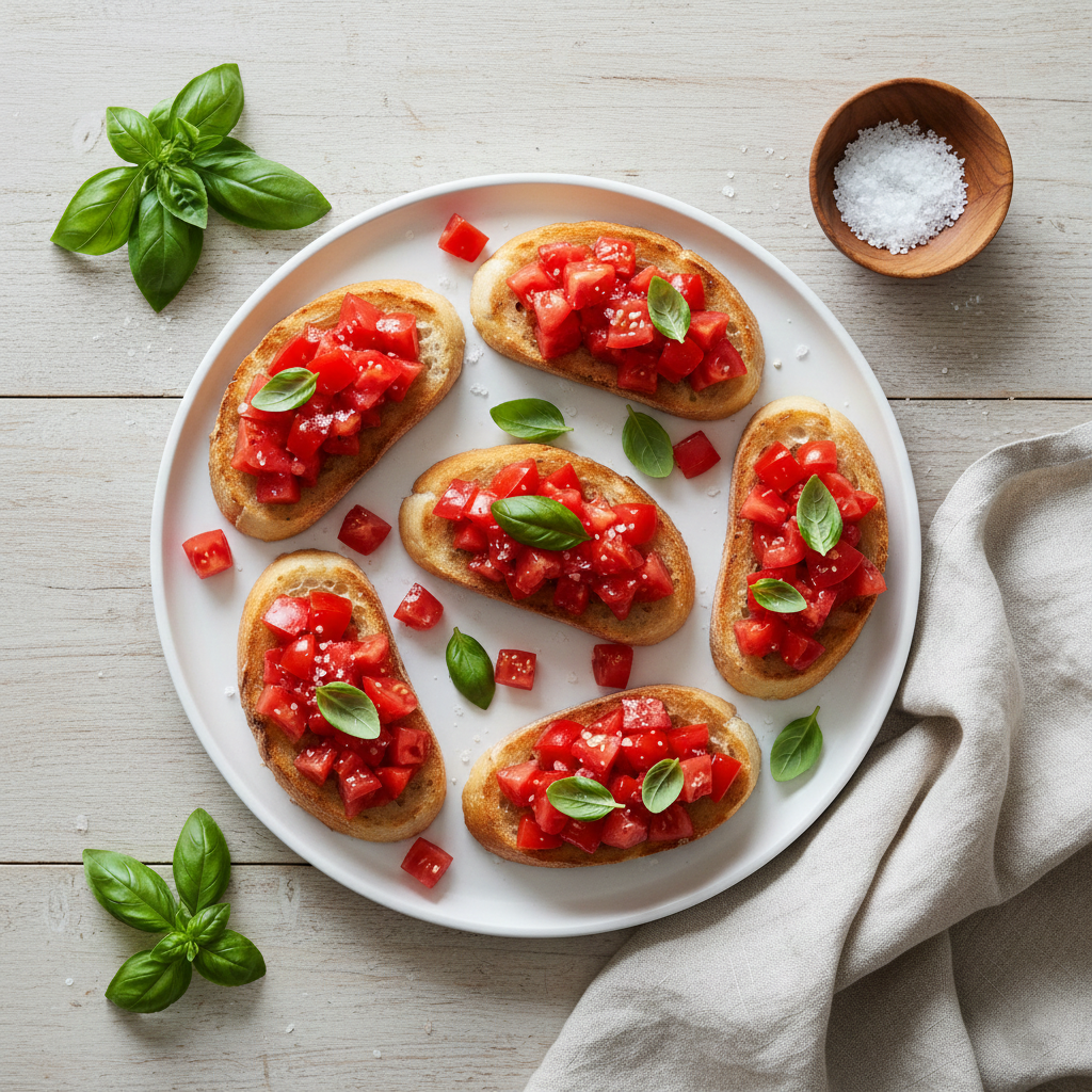 Final plated bruschetta with basil garnish and sea salt