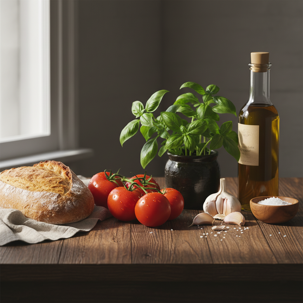 Fresh ingredients on a wooden table: vine tomatoes, basil pot, garlic bulbs, crusty bread