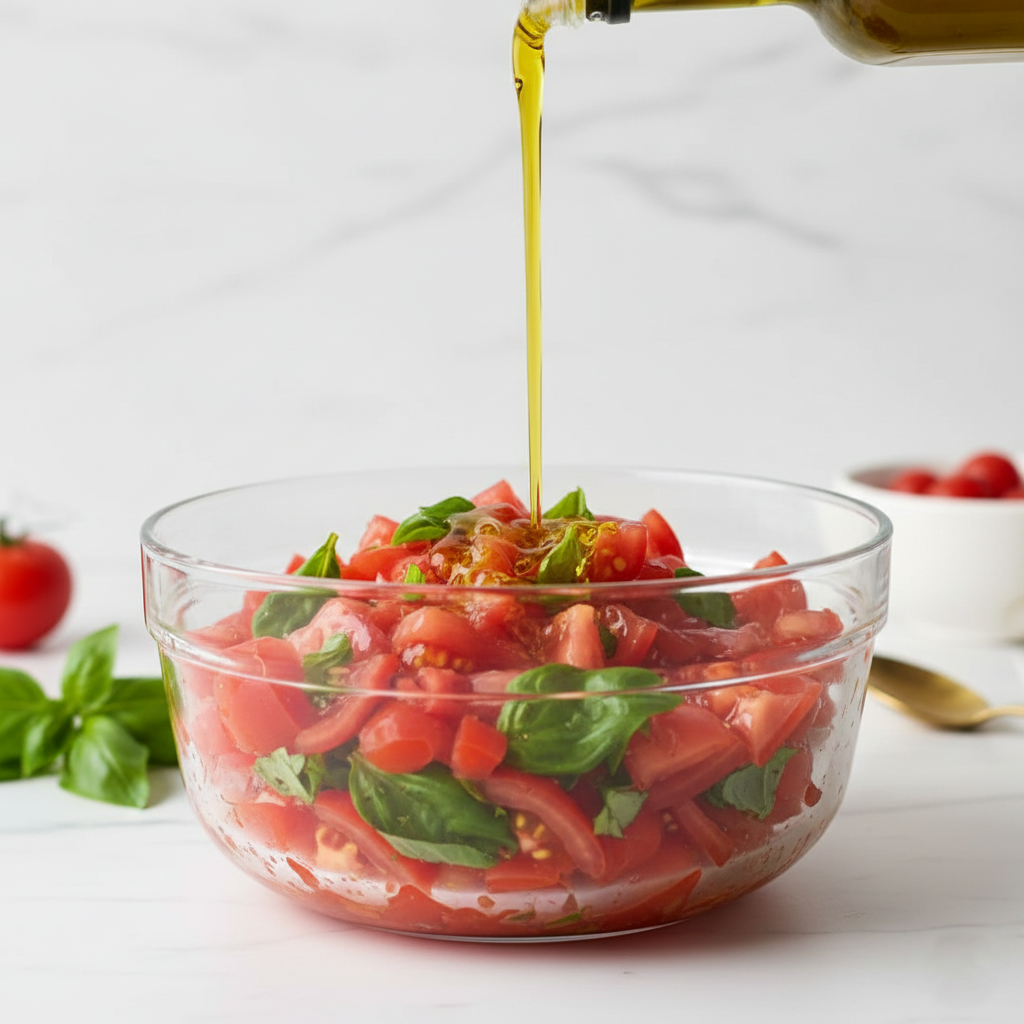 Glass bowl with diced tomatoes and basil, olive oil being poured in