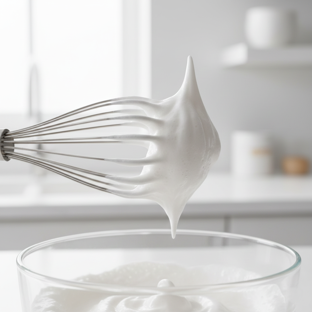 Egg whites whipped to stiff peaks on a whisk