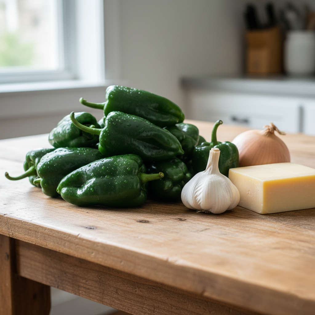 Fresh Poblano peppers and ingredients on a wooden board
