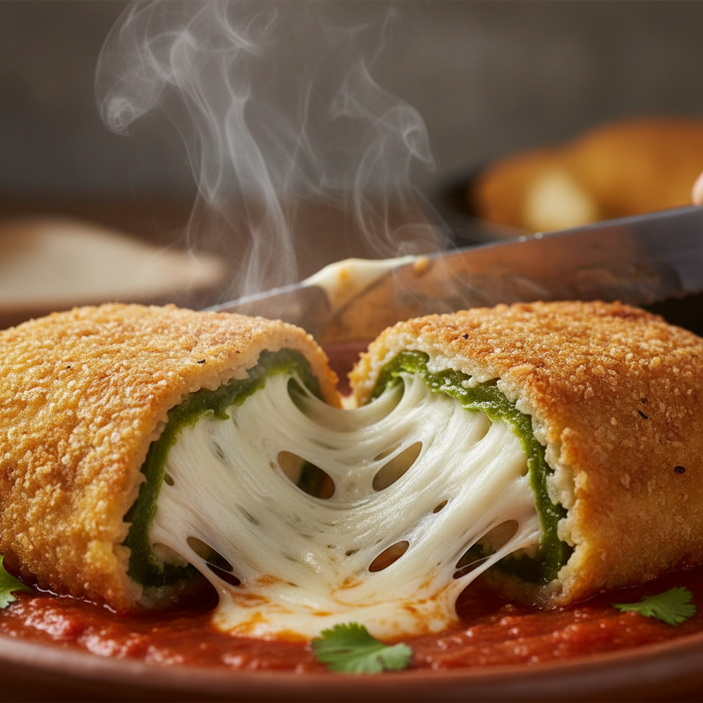 Cutting into a cheesy Chile Relleno