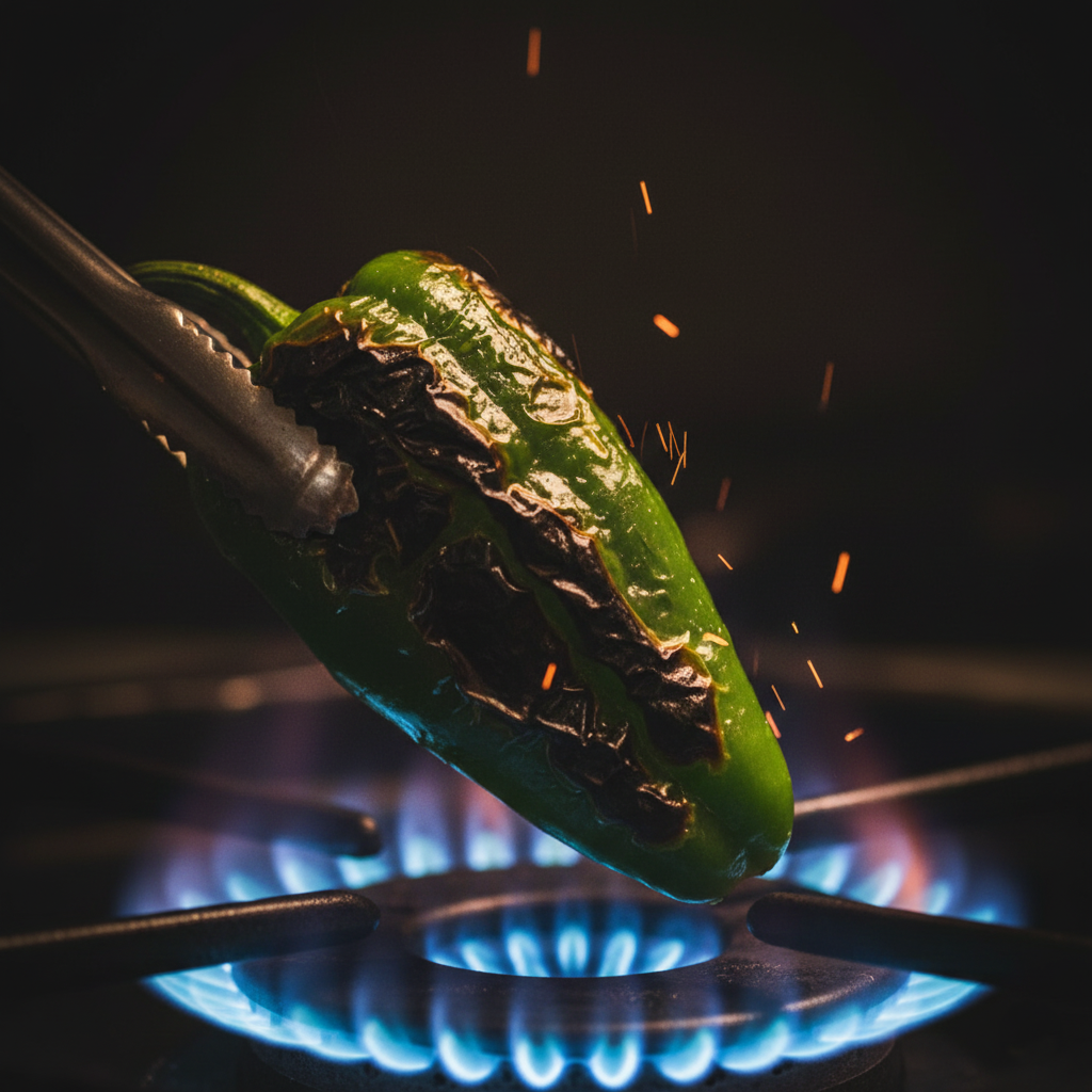 Poblano pepper charring over an open gas flame