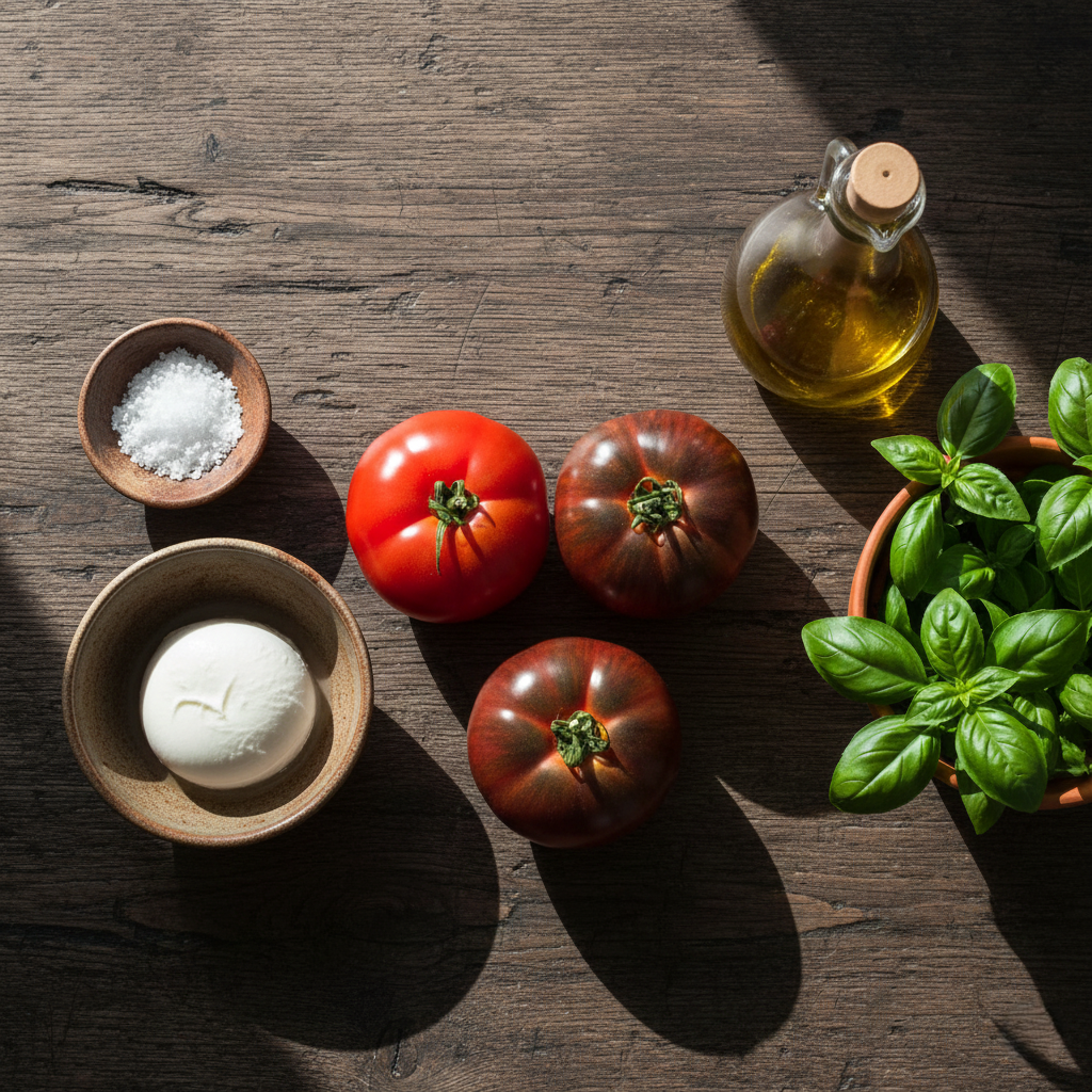 Knolling photography style flat lay of raw ingredients including tomatoes, mozzarella ball, basil plant and olive oil