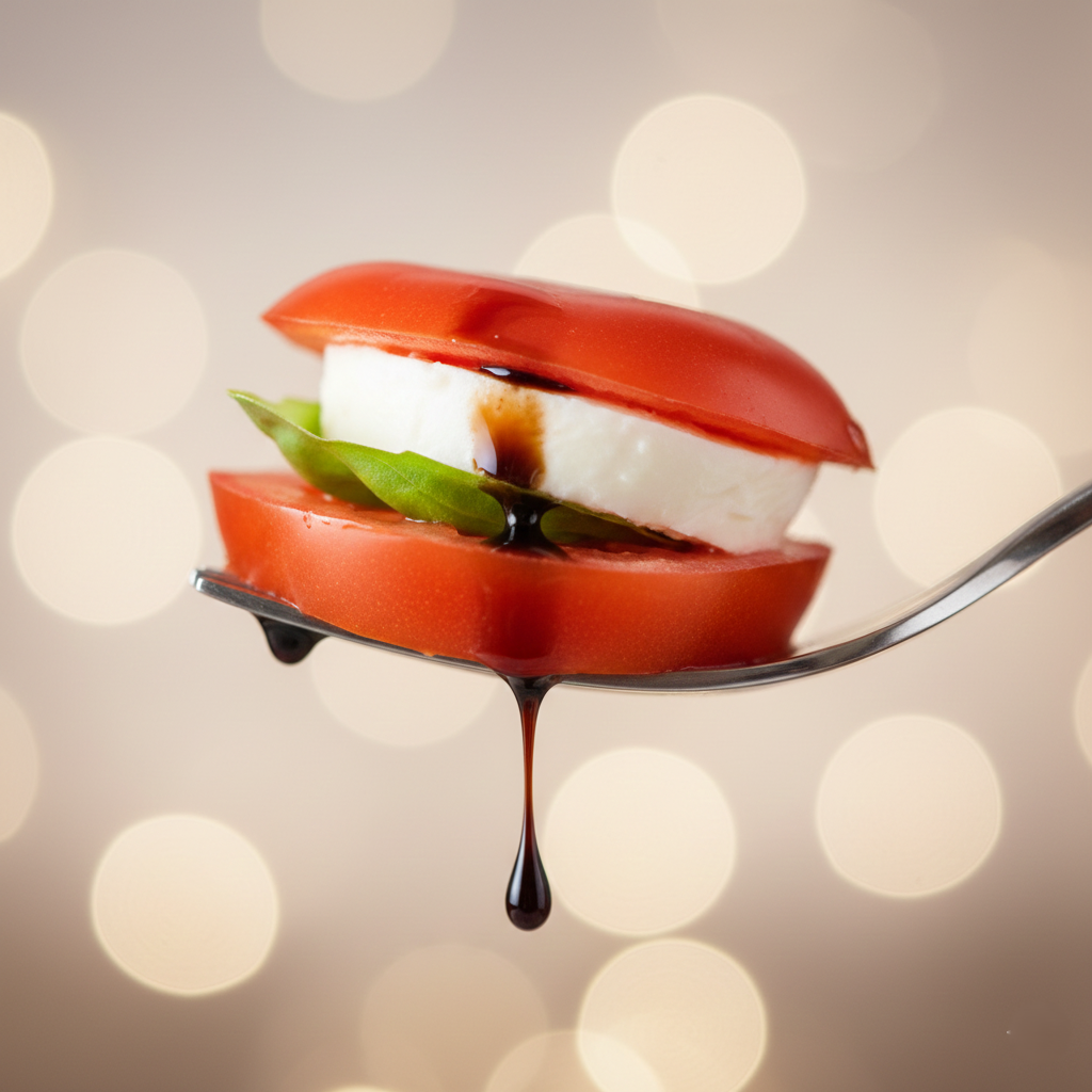 Close up macro shot of a fork lifting a perfect bite of tomato and mozzarella dripping with olive oil
