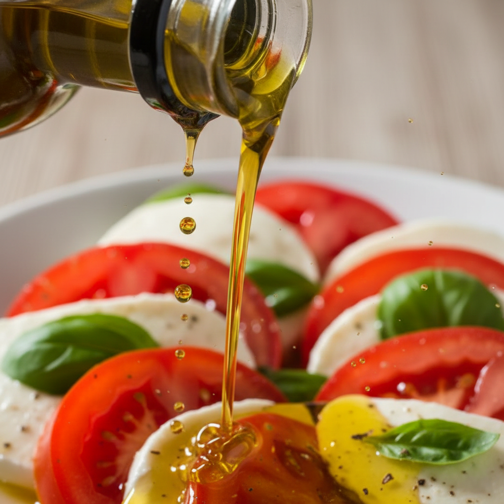 Golden olive oil being poured onto the salad capturing the glistening droplets