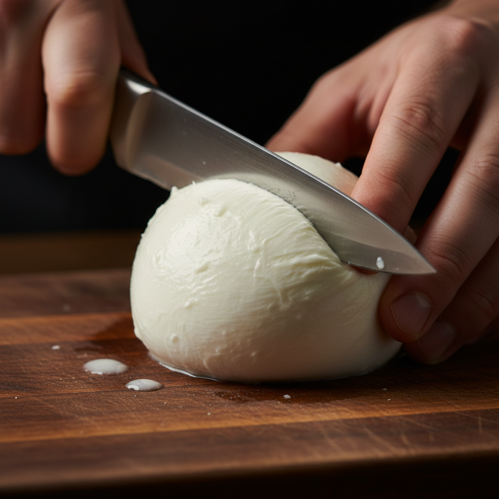 Action shot of hands slicing fresh mozzarella cheese with milky whey visible