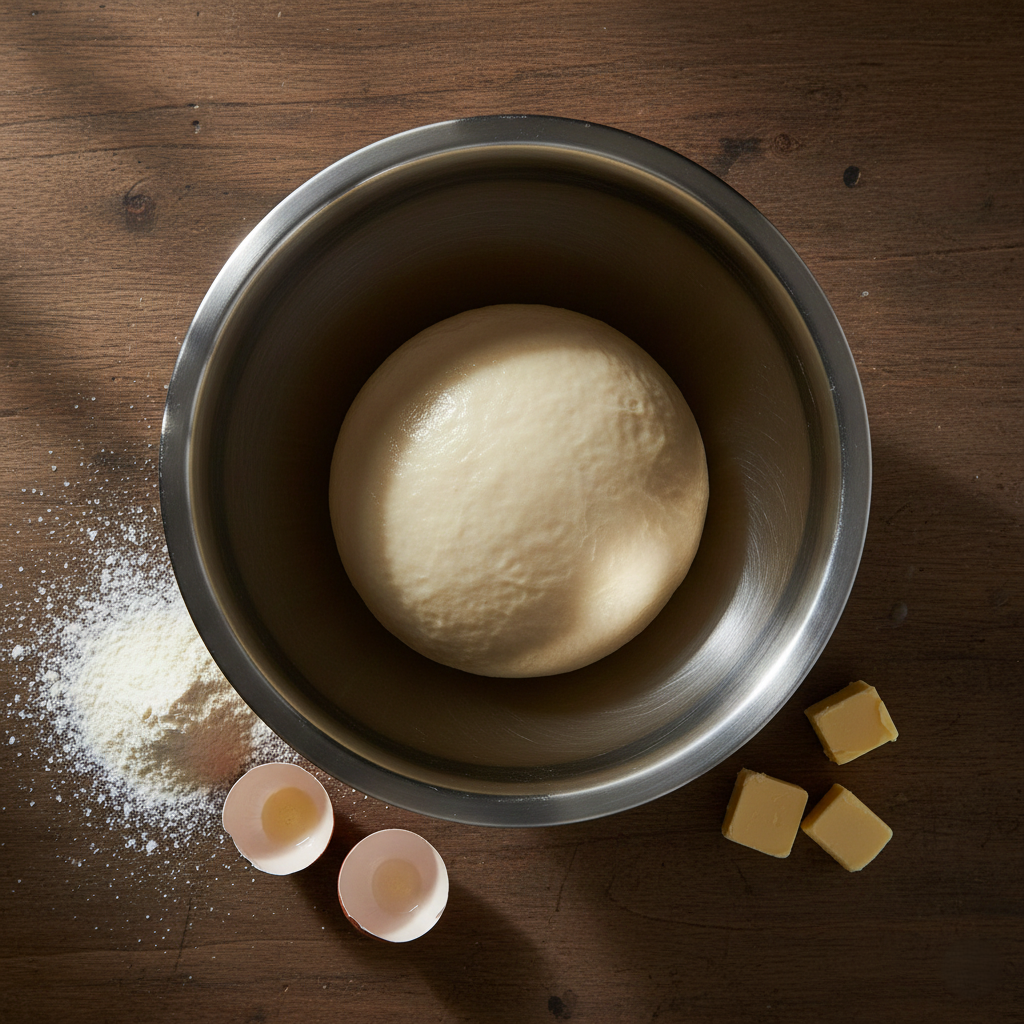 A smooth, elastic ball of raw dough in a mixing bowl with ingredients nearby