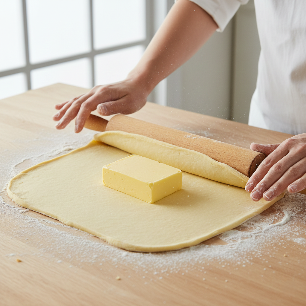 Process shot of folding the dough over the butter block to create layers