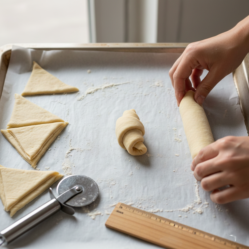 Triangles of dough being rolled up into crescent shapes