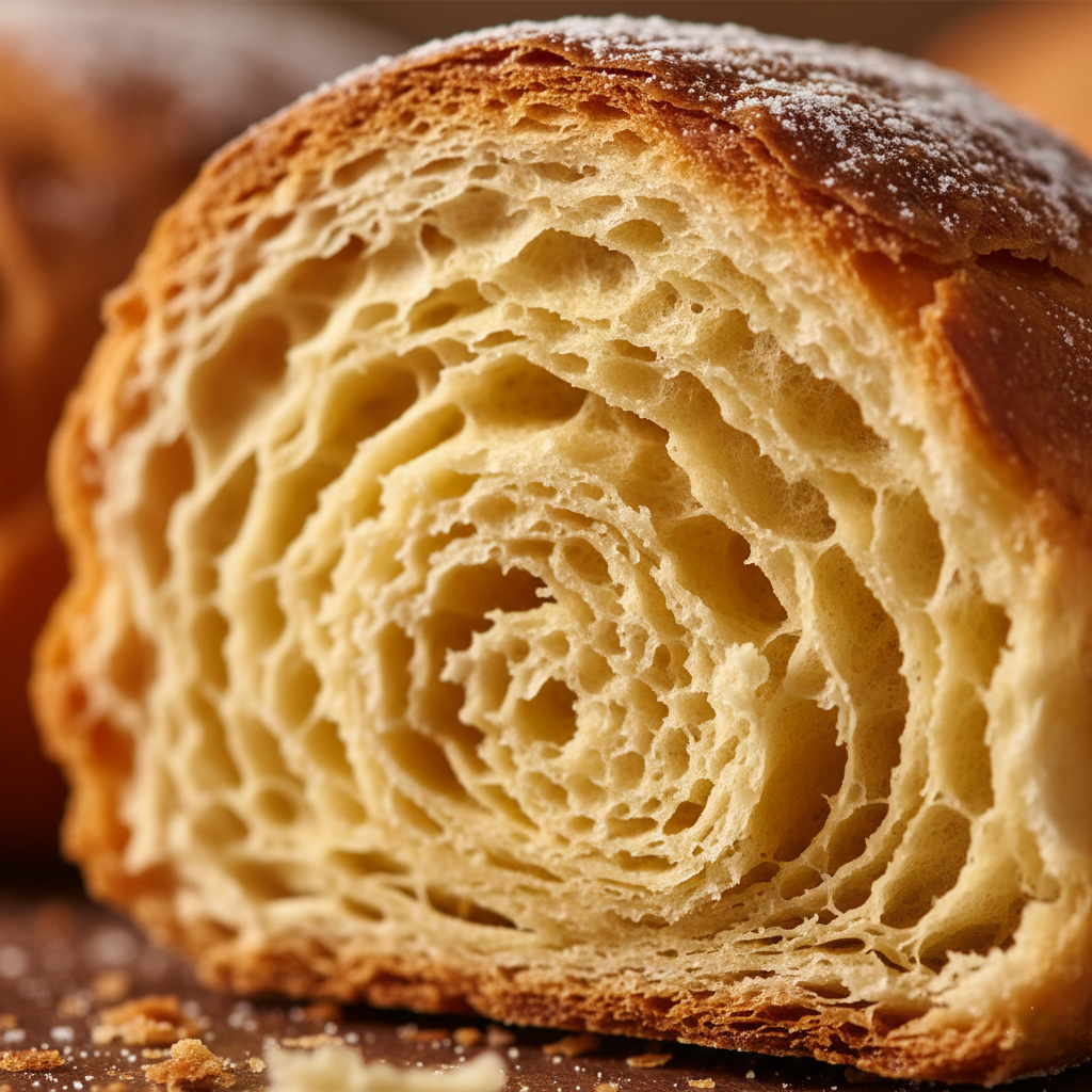 A cross-section of a fluffy cornetto showing the soft honeycomb interior structure