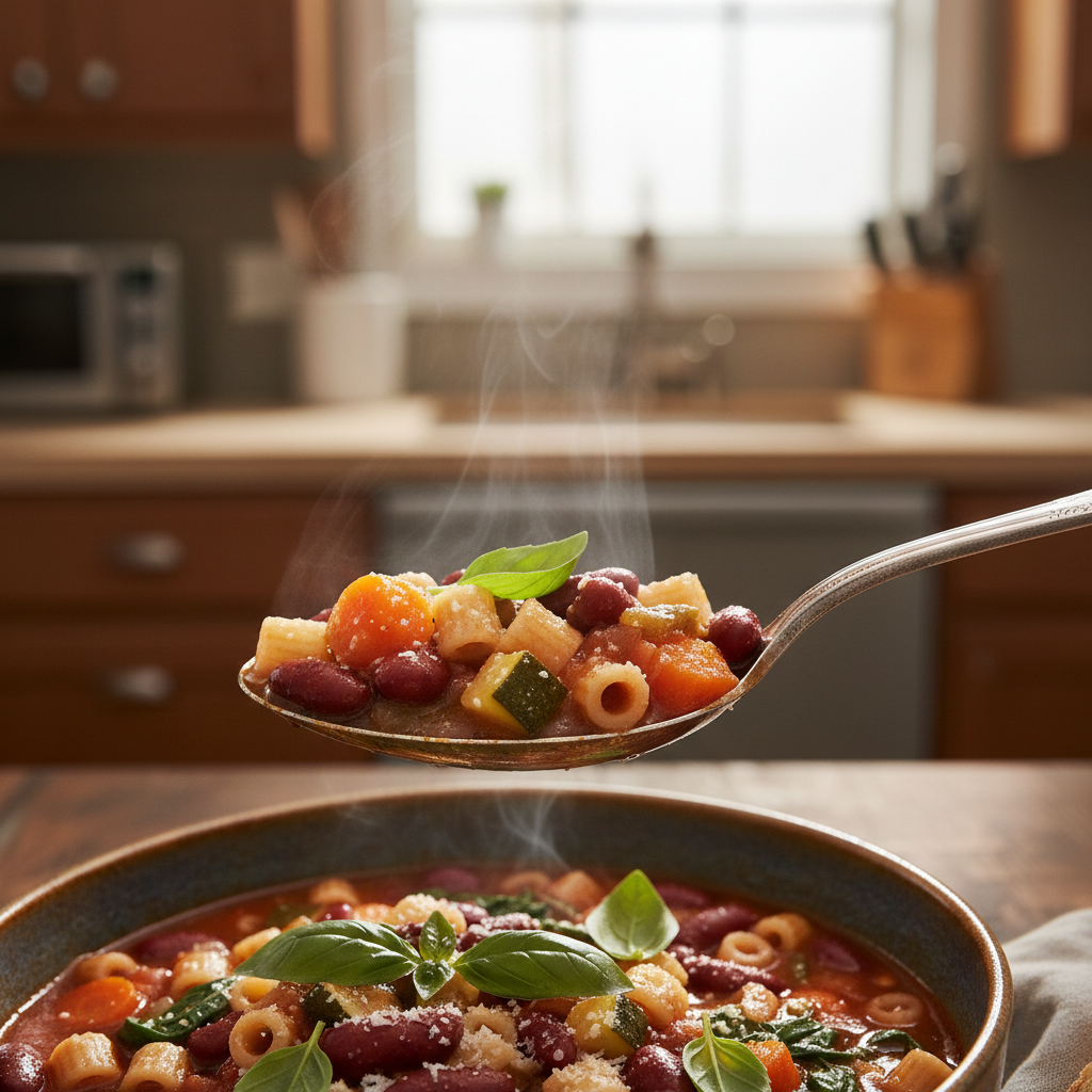 A rustic ceramic bowl filled with steaming Minestrone soup