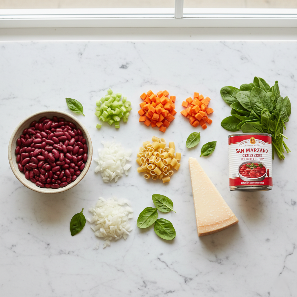 Ingredients mise en place with vegetables, pasta and herbs