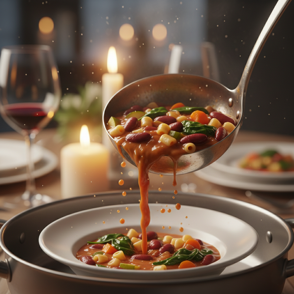 Close up of ladle pouring minestrone soup