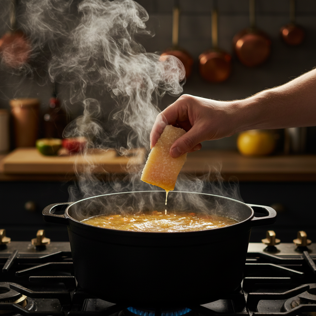 Hand adding a parmesan rind to a simmering pot of soup