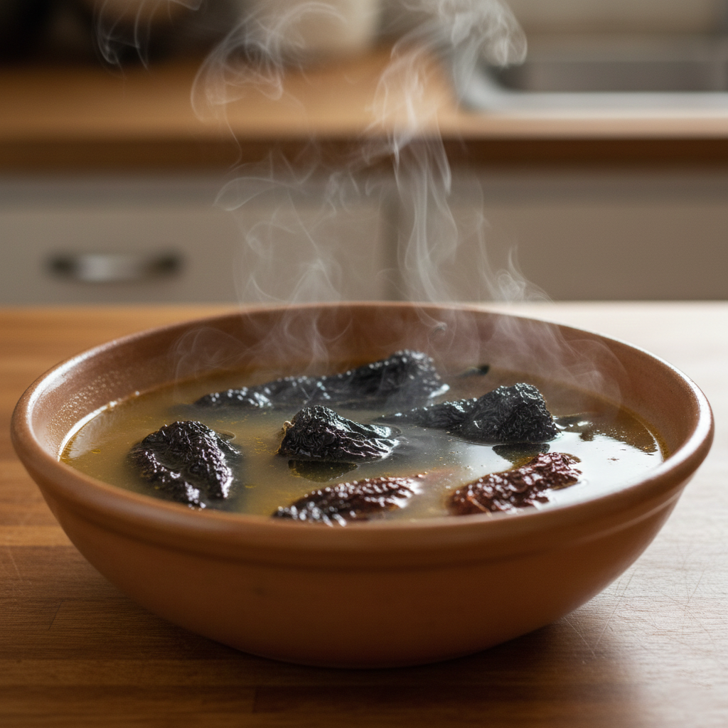 Golden fried dried chiles soaking in a ceramic bowl of hot broth, steam rising