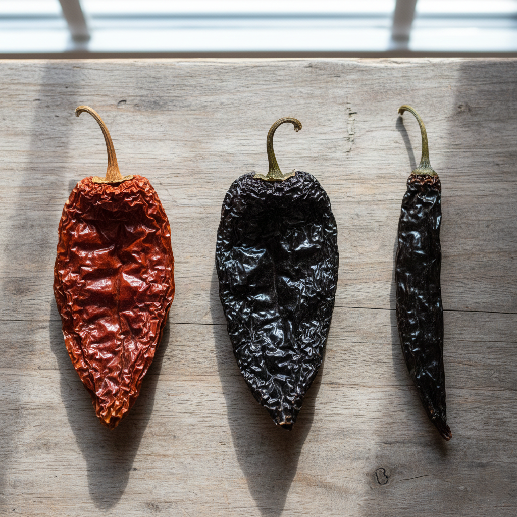 Rustic wooden table displaying dried Ancho, Mulato, and Pasilla chiles side by side for comparison