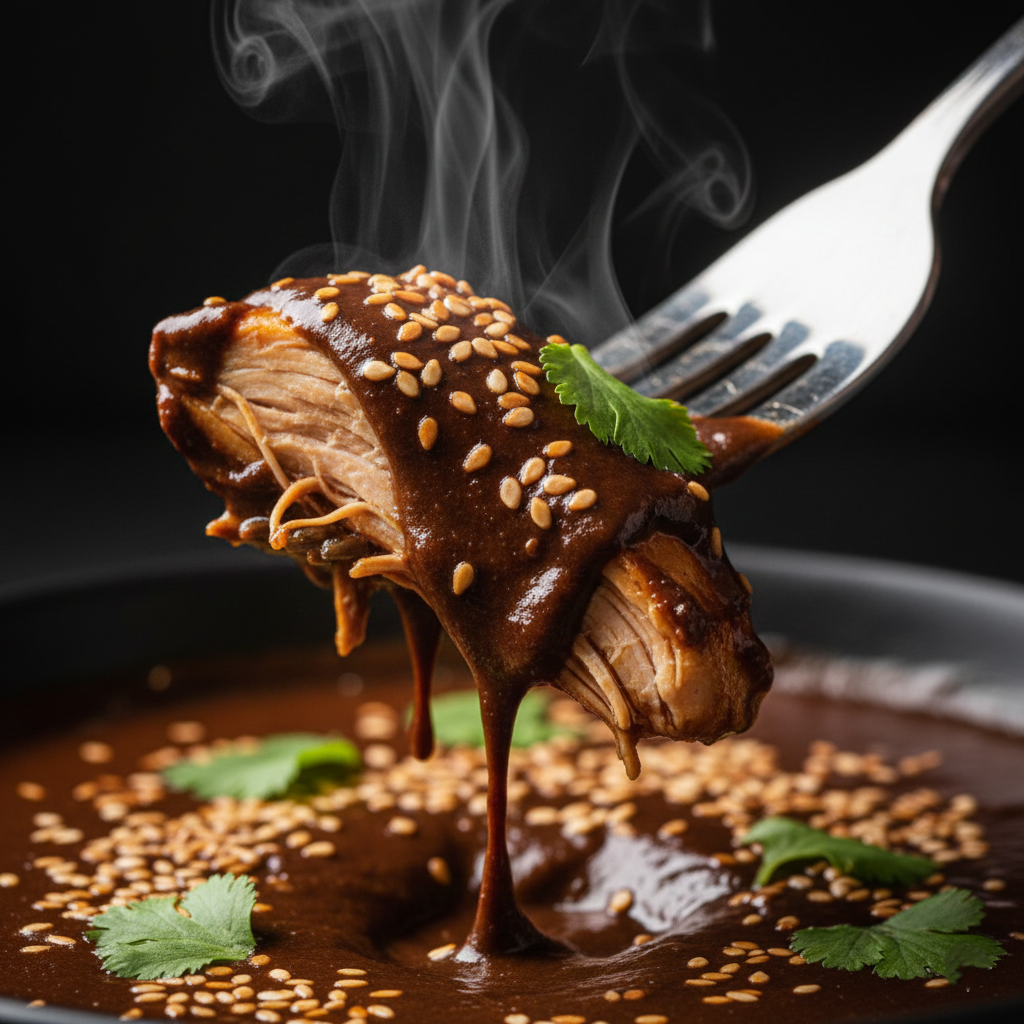 Close up macro shot of a fork lifting a piece of chicken covered in thick dark mole sauce with sesame seeds