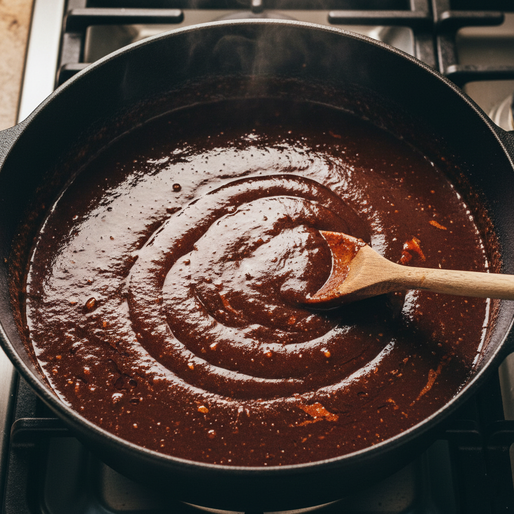 A Dutch oven on a stove containing rich dark brown mole sauce simmering, bubbling slightly