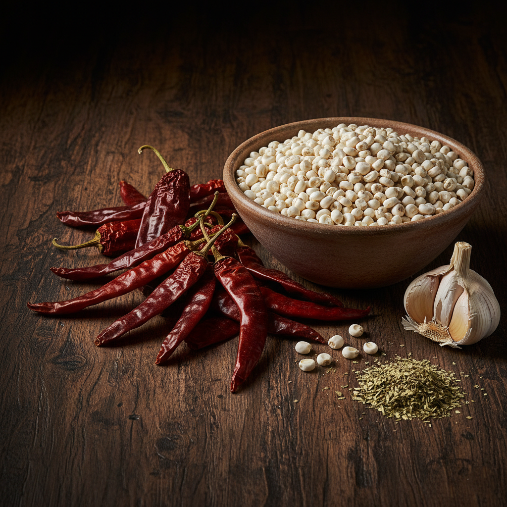 Rustic arrangement of dried Guajillo and Ancho chiles next to a bowl of white hominy