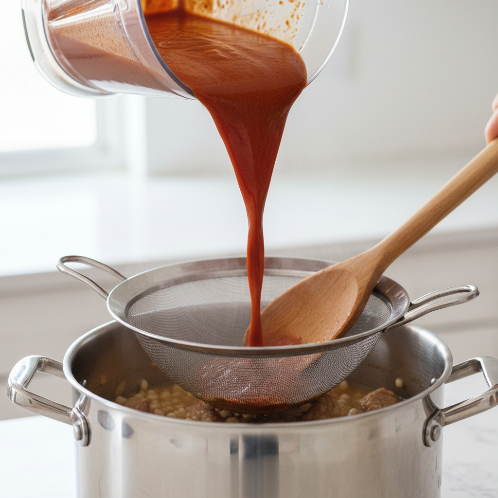 Vibrant red chile sauce pouring from a blender into a strainer