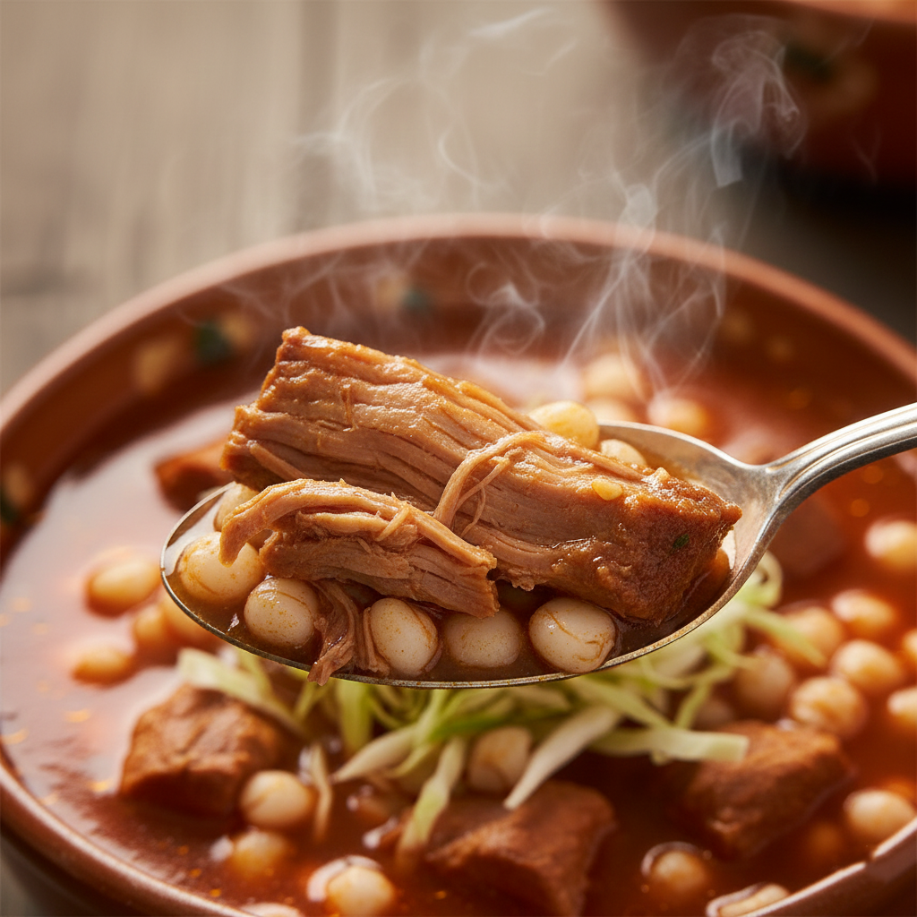 Close up of a spoon lifting tender pork and hominy from a rich red broth