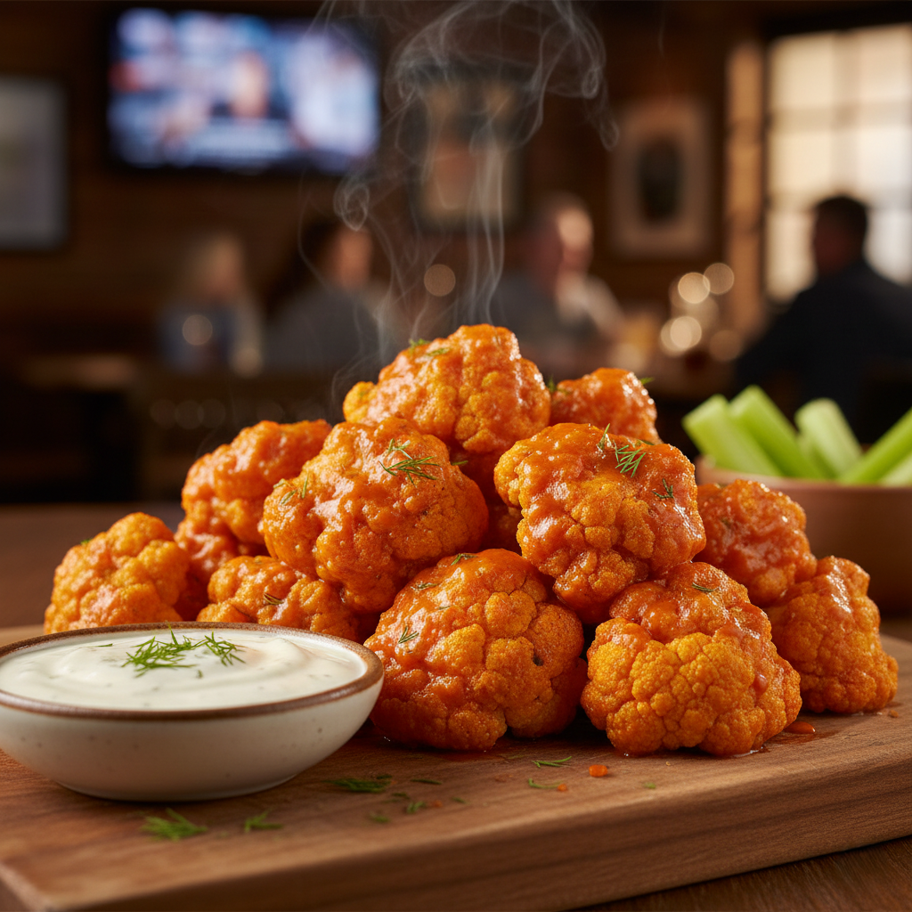 Close up of spicy buffalo cauliflower bites stacked on a wooden board