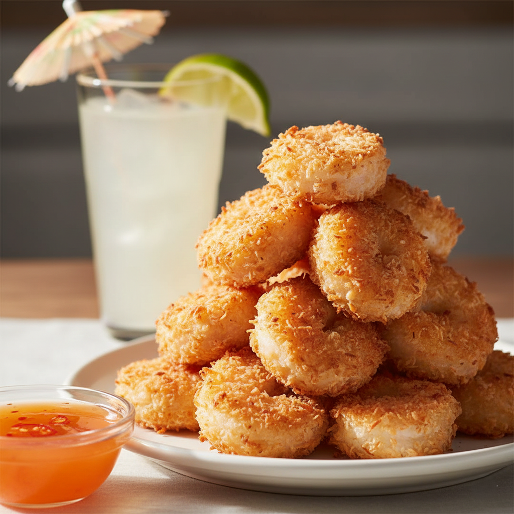 Close up macro shot of crispy golden coconut shrimp texture