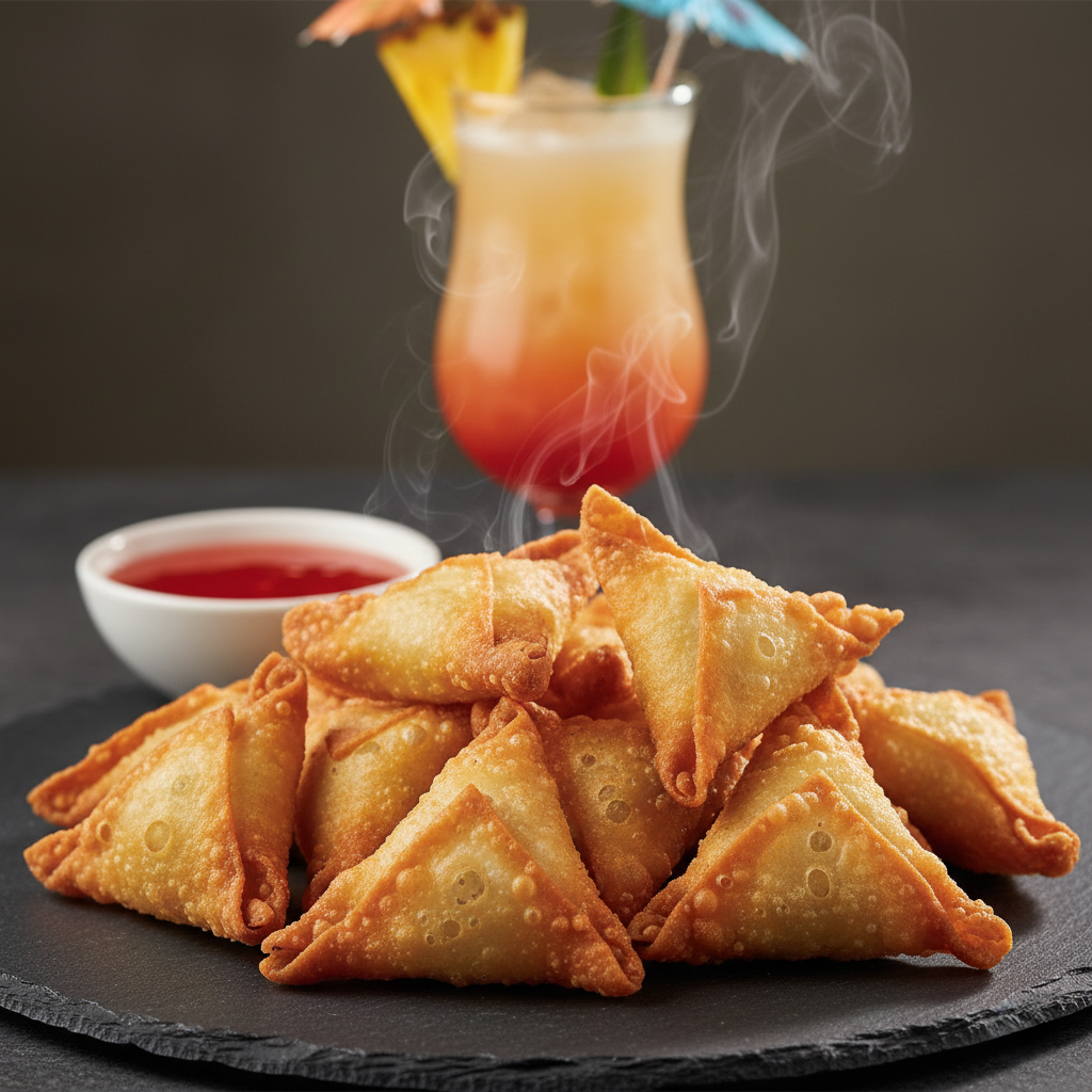Close up macro shot of a bitten crab rangoon showing creamy filling