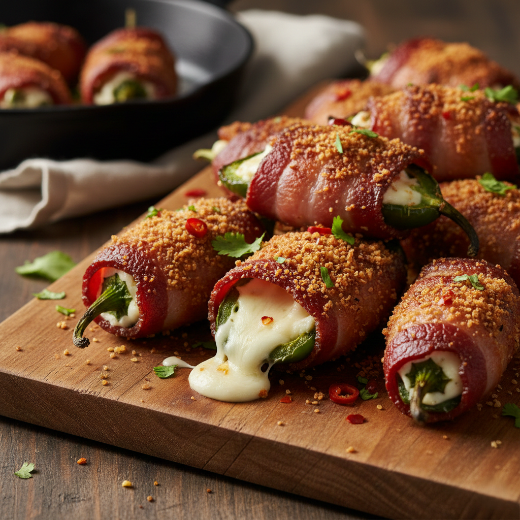 Close up of golden brown jalapeño poppers on a rustic wooden board