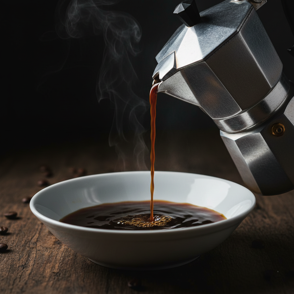 Steaming espresso being poured into a white shallow bowl, steam rising