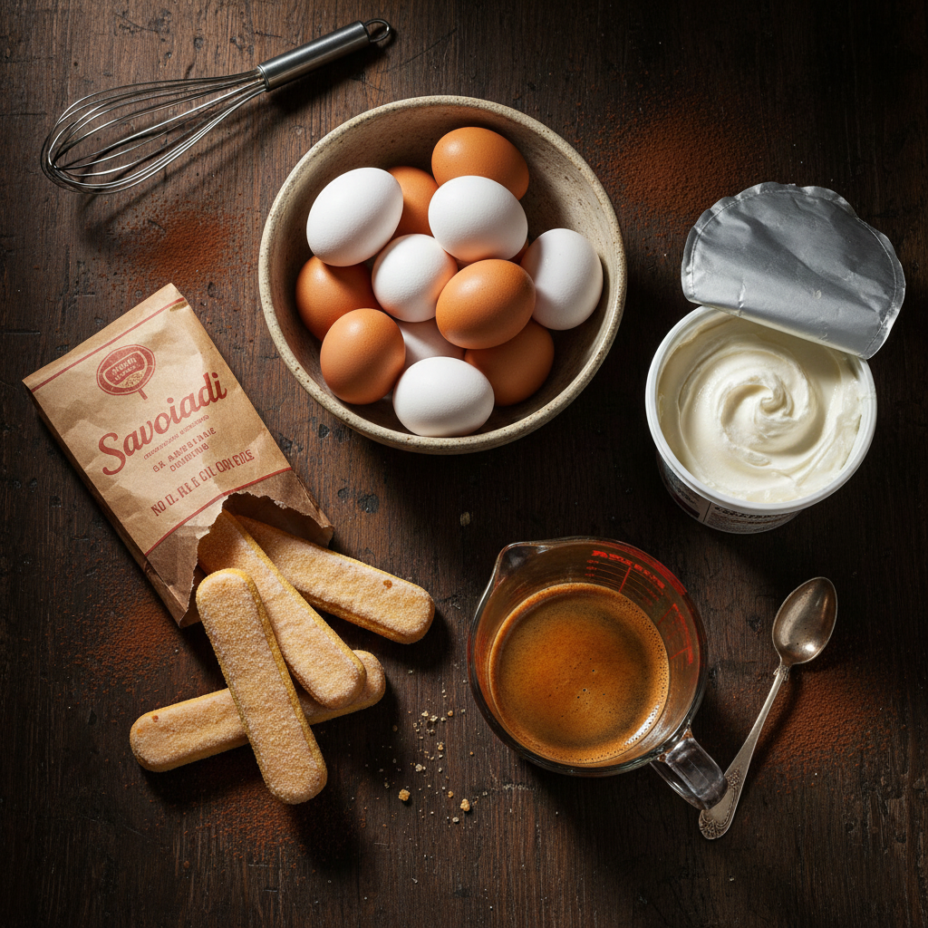 Rustic flat lay of raw ingredients: fresh eggs, mascarpone, ladyfingers, and espresso beans
