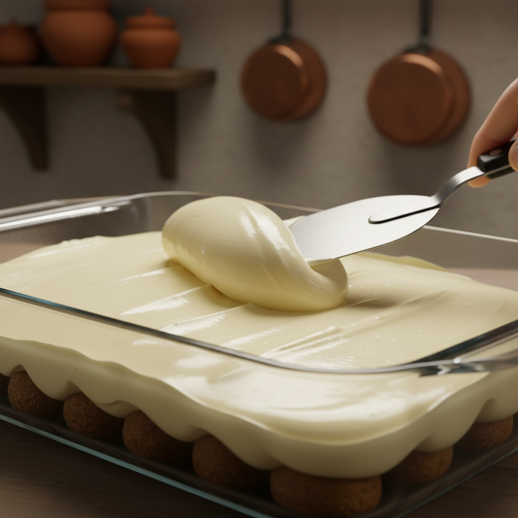 Close up action shot of a spatula smoothing mascarpone cream over coffee-soaked cookies