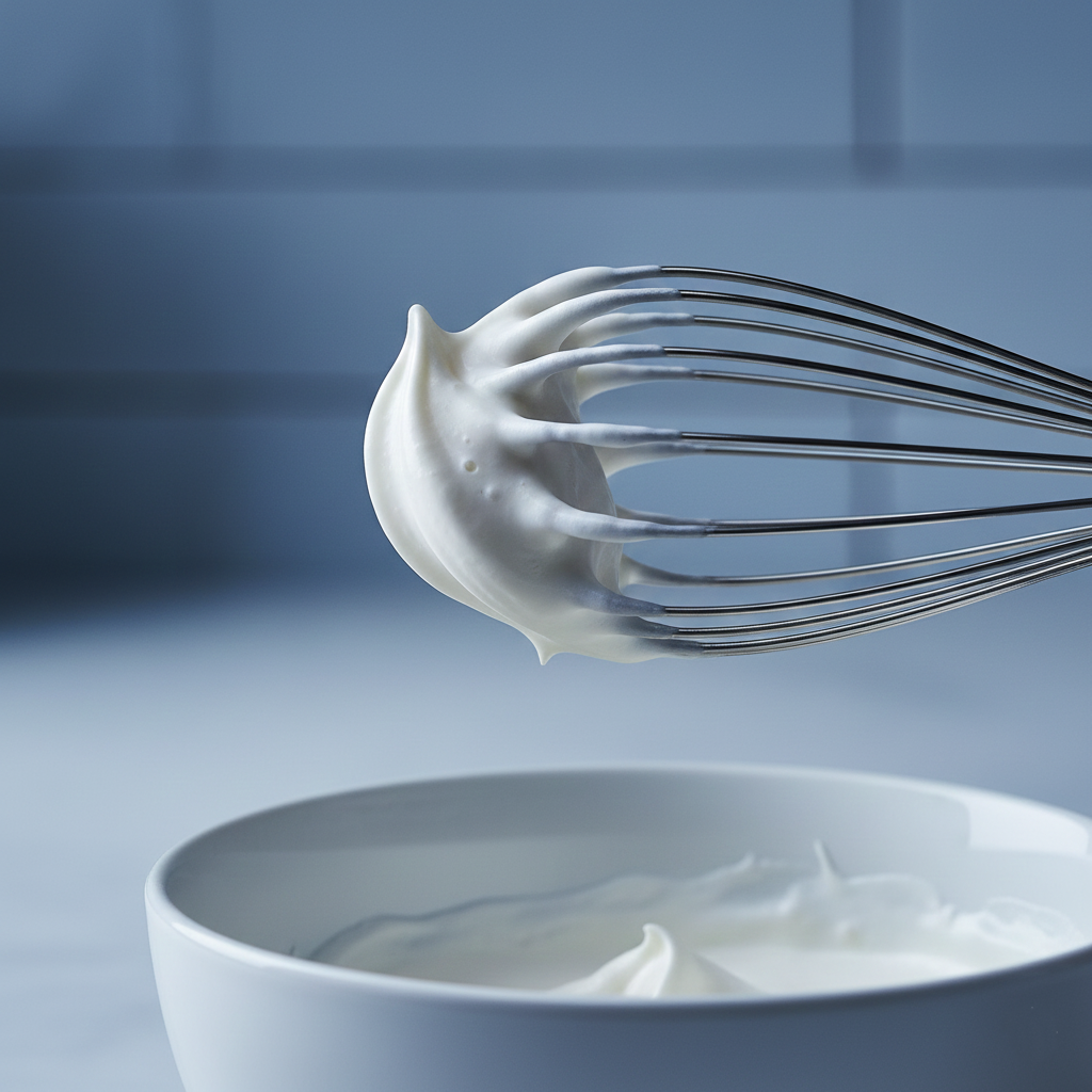 A wire whisk lifted from a bowl of white cream showing a perfect stiff peak