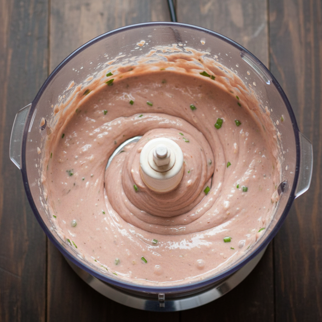 Raw fish paste mixture being blended in a food processor to a smooth pink consistency