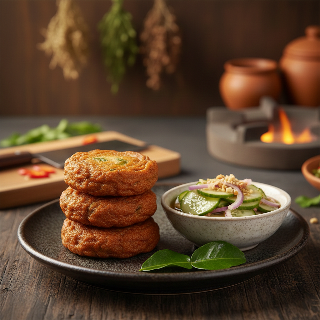 Close up of final plated Tod Mun Pla with Nam Jim Ajad cucumber relish