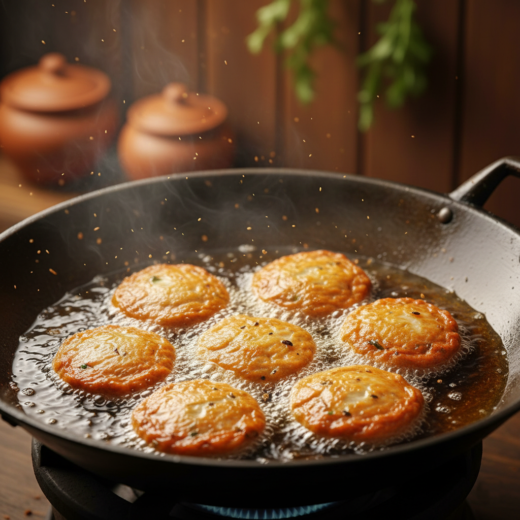 Tod Mun Pla patties frying in hot oil turning deep golden brown