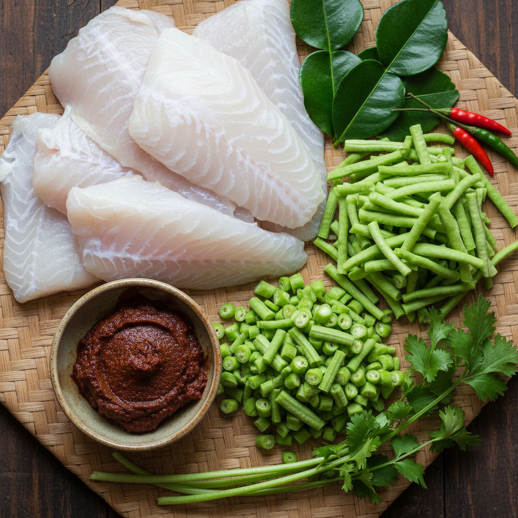 Raw Tod Mun Pla ingredients laid out including white fish fillets, red curry paste, long beans, and kaffir lime leaves
