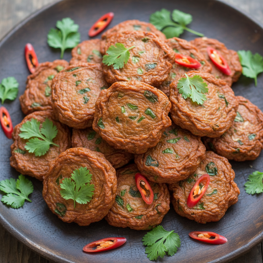 Platter of golden brown Tod Mun Pla garnished with fresh cilantro and red chili on a dark wooden table