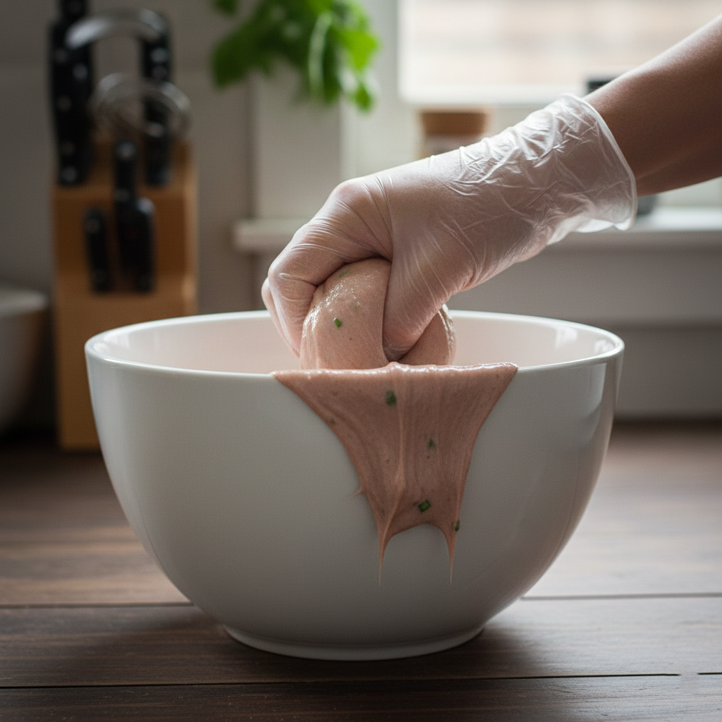 Hand forcefully slapping the raw fish paste mixture against the inside of a mixing bowl