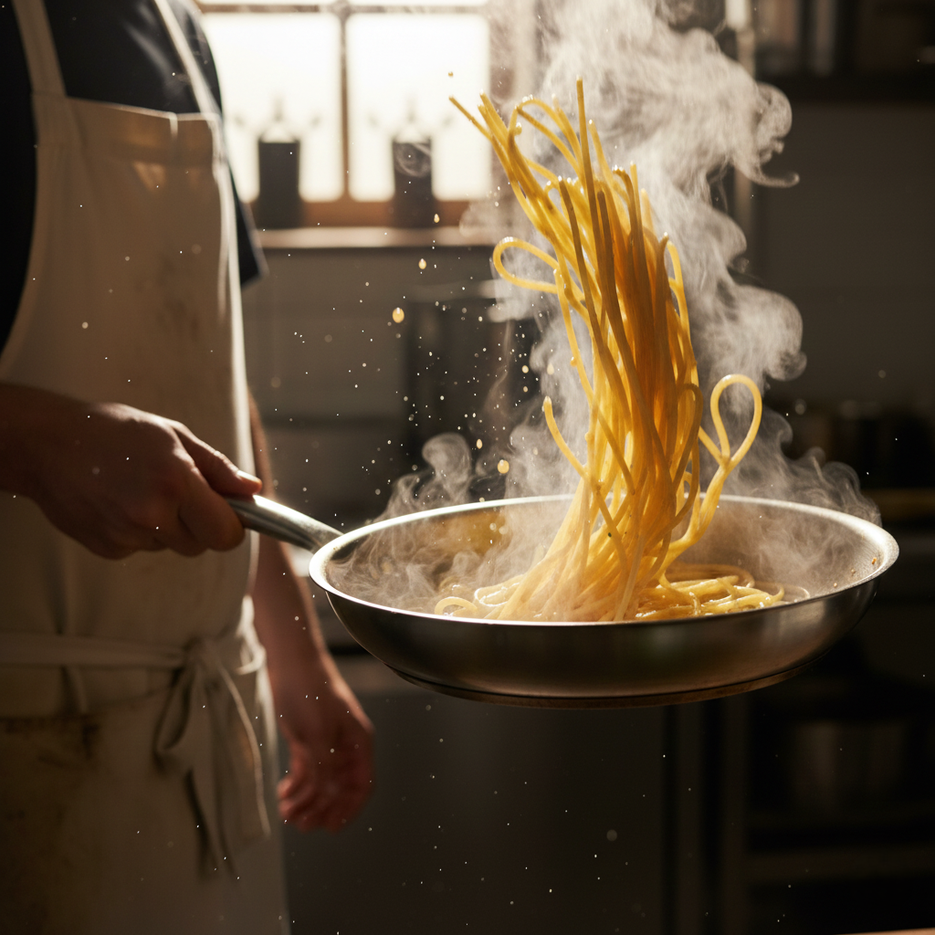 Action shot of spaghetti being tossed in a pan, creating a creamy emulsion with steam rising