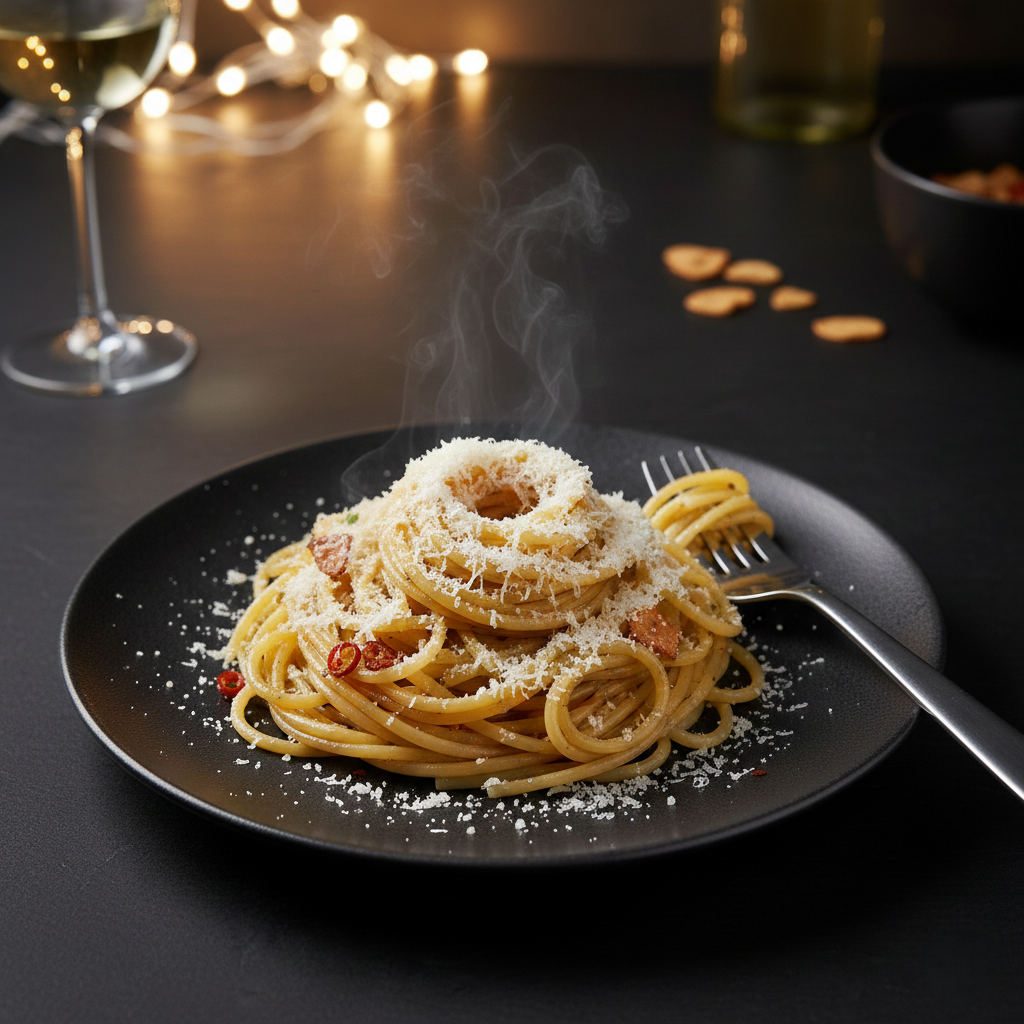 A dark ceramic plate holding a swirl of glossy spaghetti, speckled with red pepper flakes and golden garlic, glowing under warm kitchen lighting