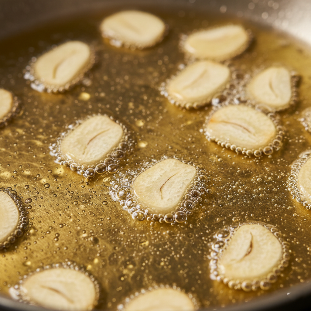 Close up macro shot of garlic slices sizzling in olive oil, turning a pale golden color