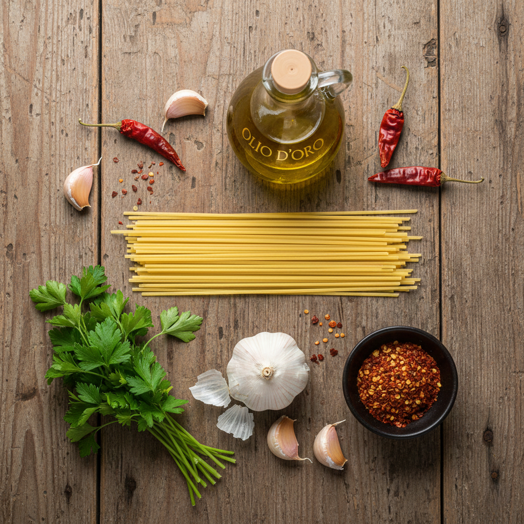 Fresh ingredients laid out on a rustic wooden table: raw spaghetti, a bulb of garlic, fresh parsley, and a bottle of olive oil