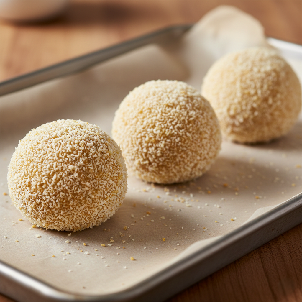A row of uncooked, fully breaded arancini balls sitting on a parchment lined tray, showing the texture of the crumbs