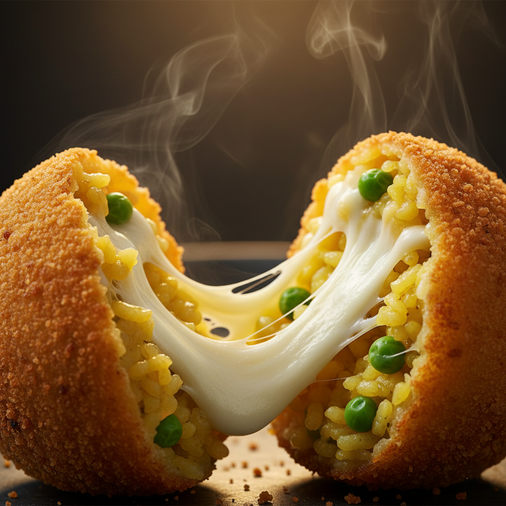 Extreme close-up of an Arancini ball broken open to show the steaming mozzarella cheese pull and creamy rice texture
