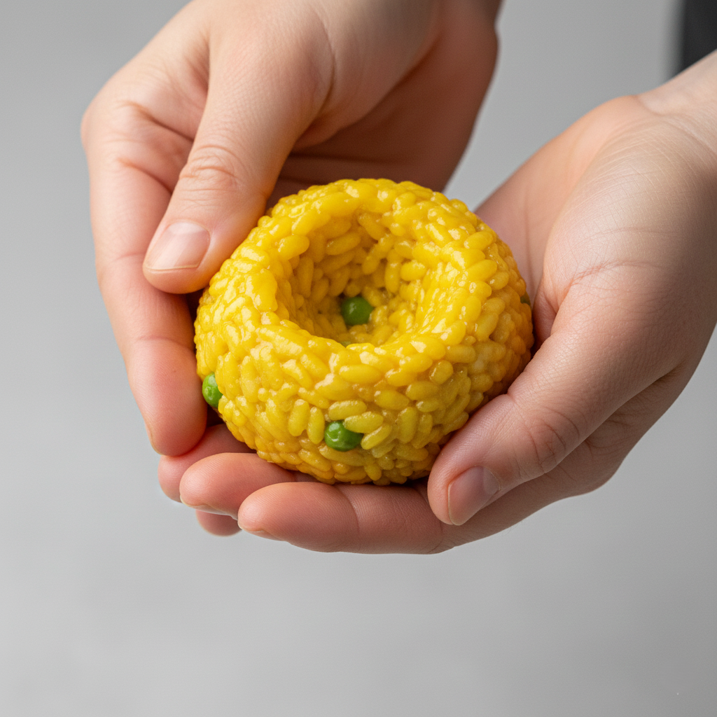 A hand holding a ball of risotto rice with a deep indentation made by a thumb, ready for filling