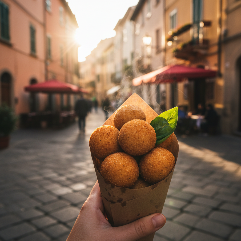 A stylized, cinematic shot of Arancini served in a paper cone, street food style, with fresh basil leaves